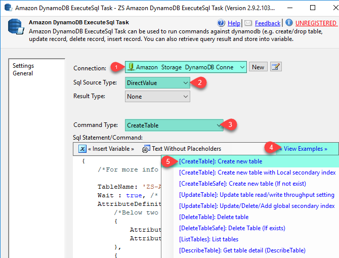 Run Amazon DynamoDB ExecuteSQL Task - Create Table