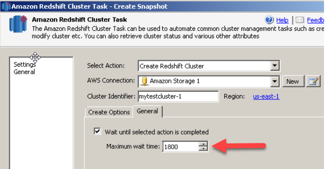 SSIS Amazon Redshift Cluster Management Task - Create Cluster Wait Options