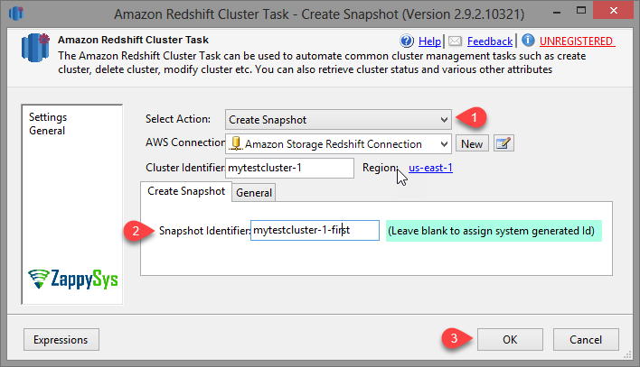 SSIS Amazon Redshift Cluster Management Task - Create Snapshot Options