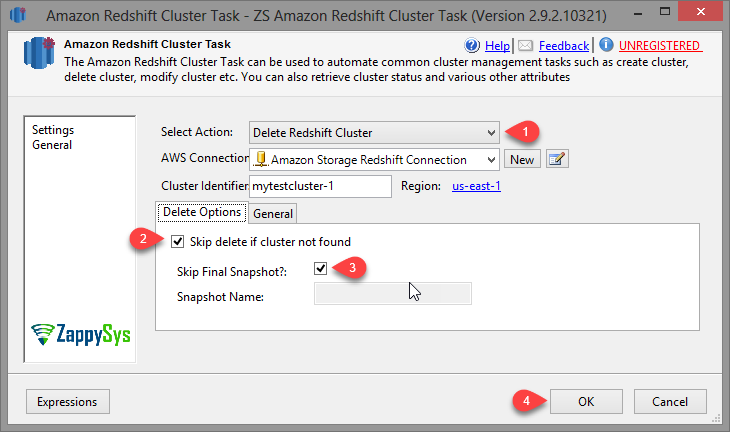 SSIS Amazon Redshift Cluster Management Task - Create Cluster Option