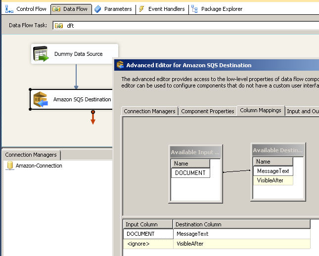 Configure SSIS Amazon SQS Destination Adapter - Mapping Tab
