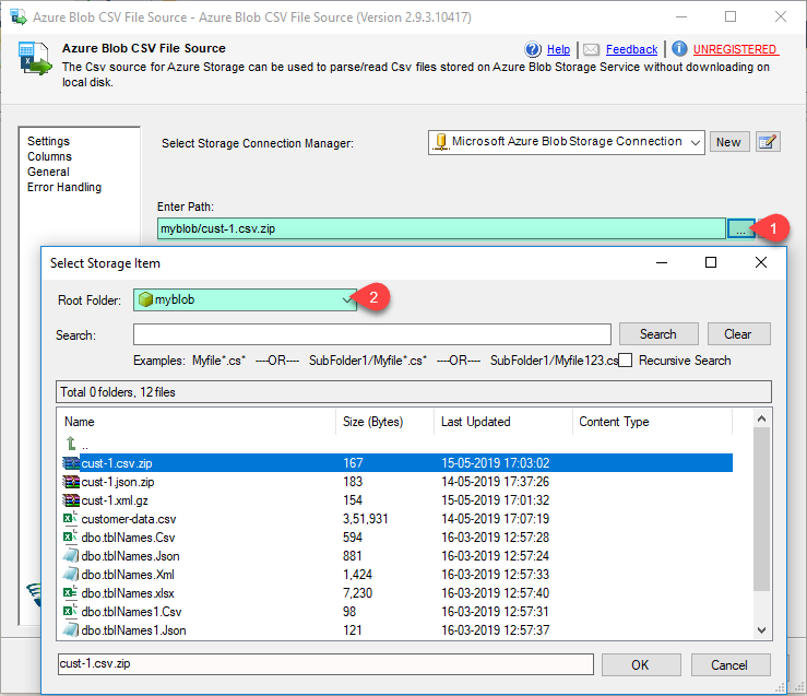 SSIS Azure Blob CSV File Source - Select CSV File(s) using Blob Browser UI