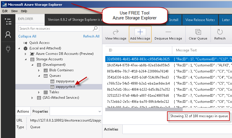 SSIS Load Test - View Azure Queue Messages using Microsoft Azure Storage Explorer (FREE)