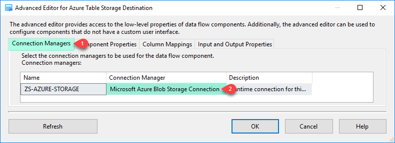 Configure SSIS Azure Table Storage Destination Adapter - Connection Tab