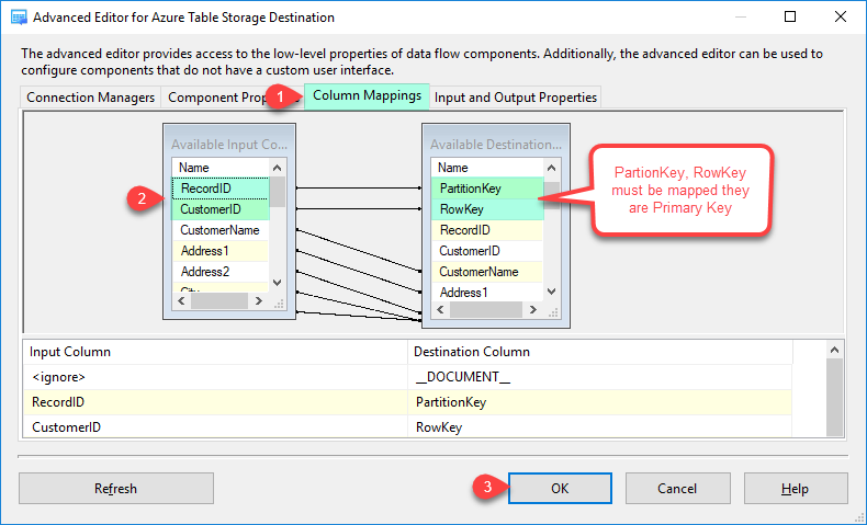 Configure SSIS Azure Table Storage Destination Adapter - Mapping Tab