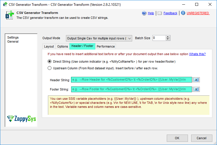 Header and Footer Options for SSIS CSV Generator Transform