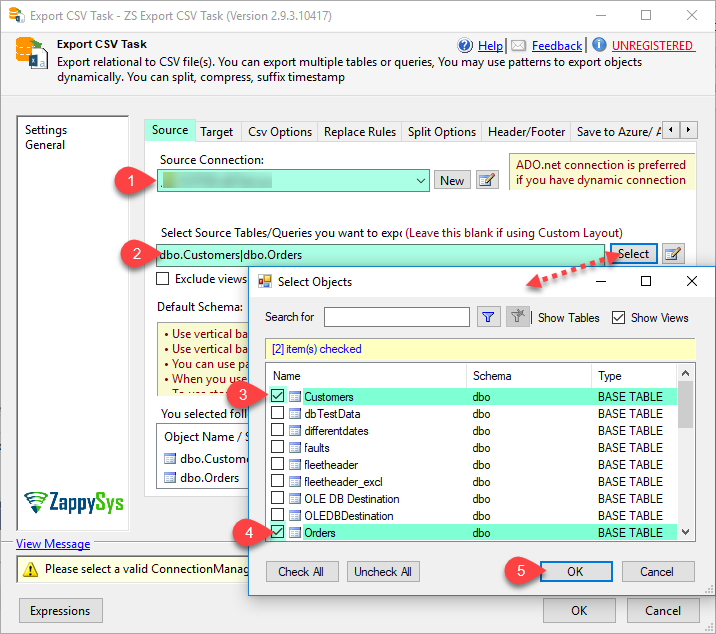 SSIS Export to CSV File Task - Generate CSV files for selected tables/views