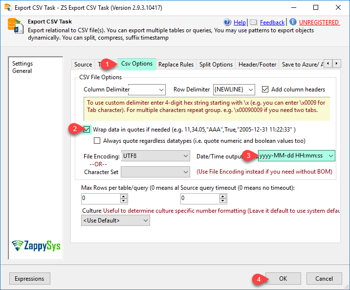 SSIS Export CSV File Task - CSV Date Formatting, Encoding Options
