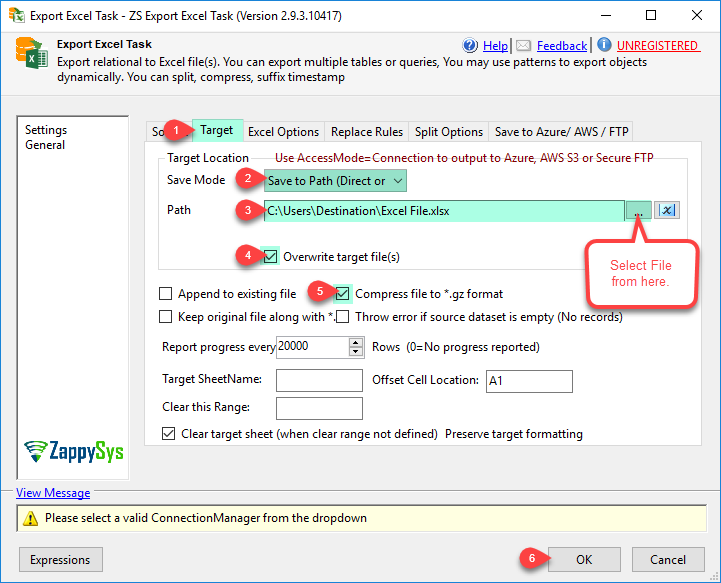 SSIS Export Excel File Task - Select Target Path and other options