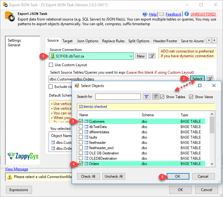 SSIS Export to JSON File Task - Generate JSON files for selected tables/views