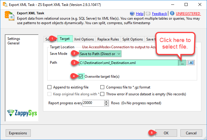 SSIS Export XML File Task - Select Target Mode, Path and Options. You can save exported XML to local file or save to SSIS Variable. You can also compress the exported file in GZip format.