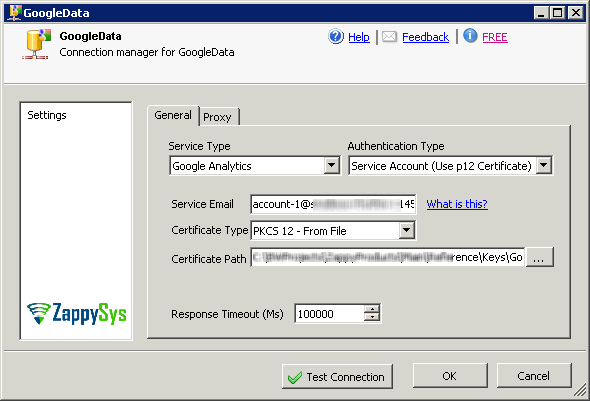 SSIS Google Web Analytics Connector - Access data using service account method (*.P12 Certificate file) - Get data from Google Web Analytics Platform