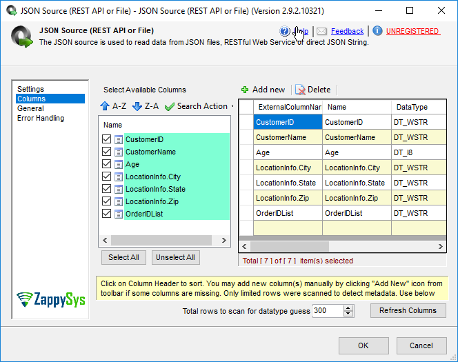 SSIS JSON Source - Configure Columns and DataType