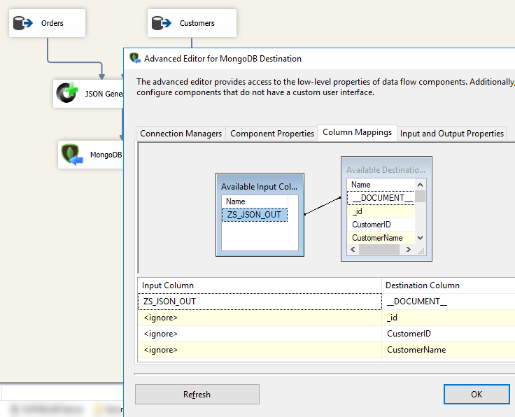 Configure SSIS MongoDB Destination Adapter - Mapping Tab for loading JSON document