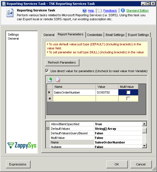 SSIS Reporting Services Task - Parameters screen