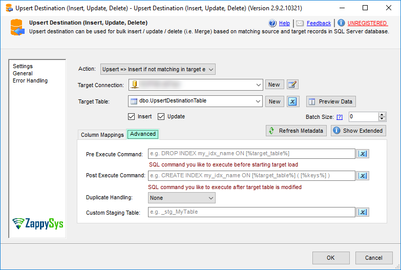 SSIS Upsert destination advanced options (Pre / Post SQL Command, Staging Table name)