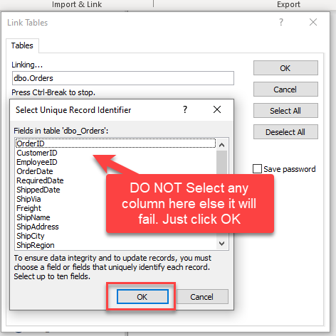 MS Access Linked Table Mode - Do not select Key column