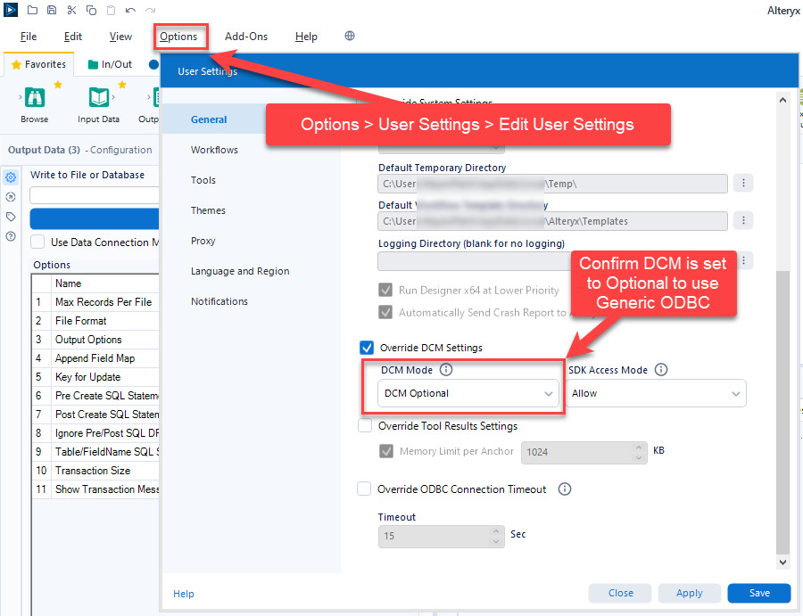 Alteryx DCM User Settings for ODBC access