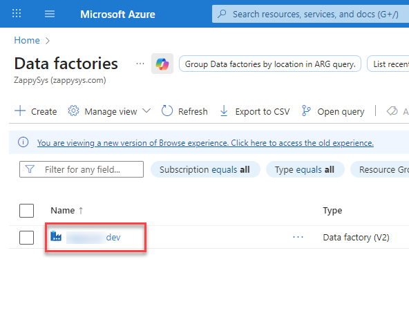 Select the Data Factory
