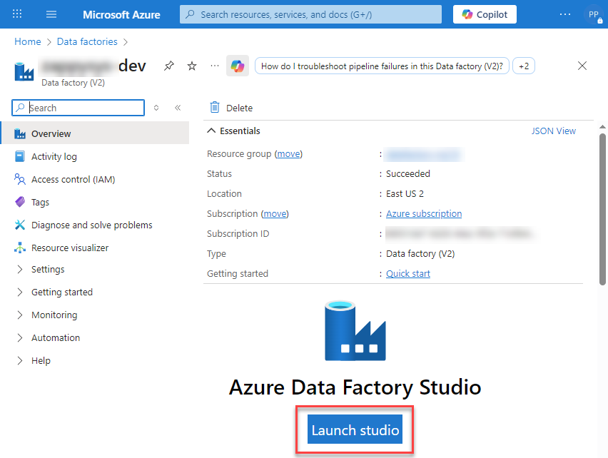 Launch Azure Data Factory Studio