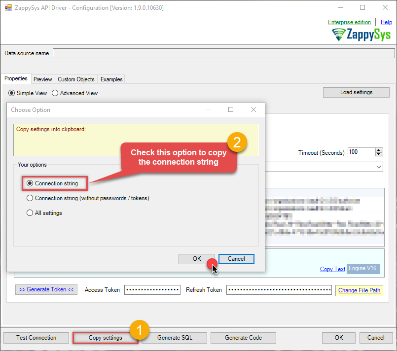 Copy connection string for ODBC application