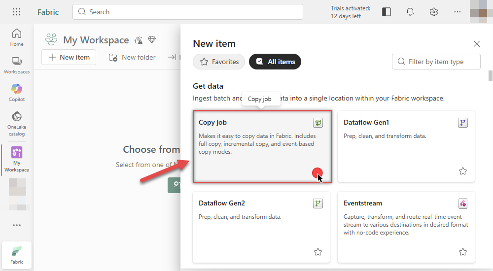Add Copy job to Microsoft Fabric workspace