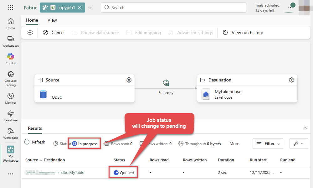 Monitor the status of the Microsoft Fabric Copy job