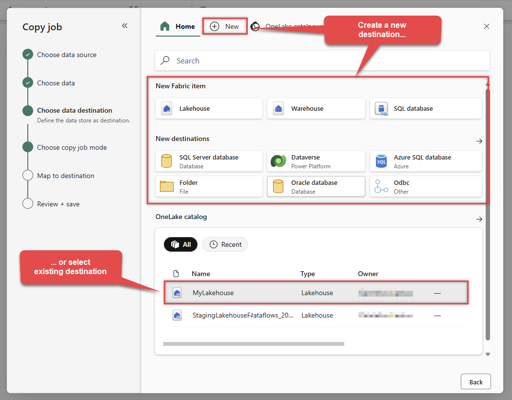 Choose data destination in Microsoft Fabric Copy job
