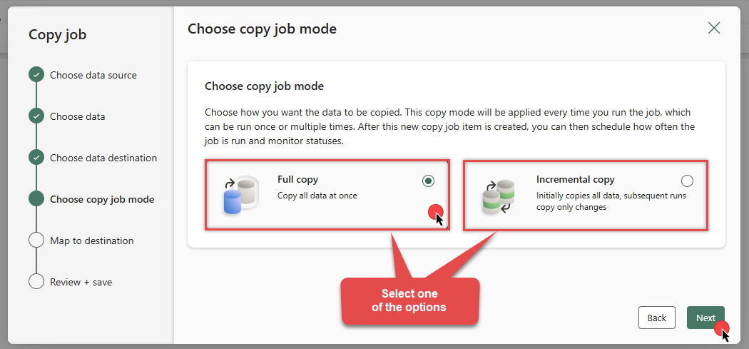 Select copy mode in Microsoft Fabric Copy job (Full vs Incremental)