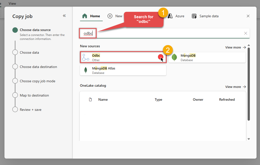 Choose ODBC as the data source in Microsoft Fabric Copy job
