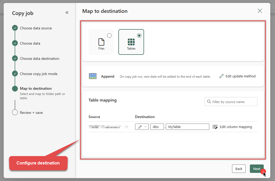 Map source tables and columns to destination in Microsoft Fabric Copy job