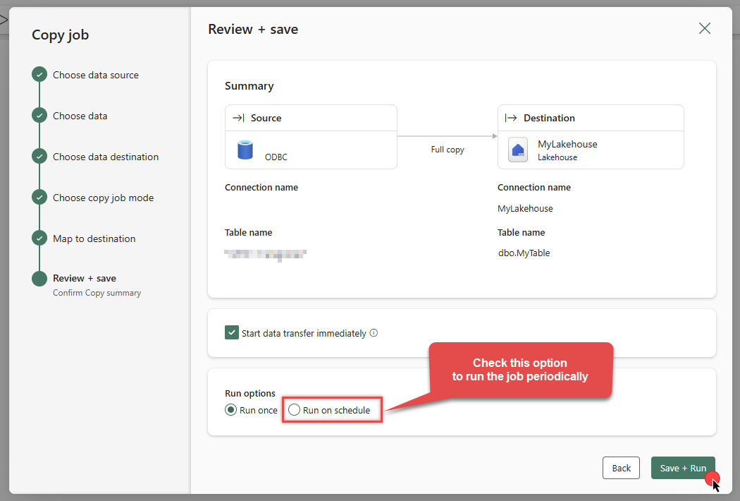 Save and run the Copy job in Microsoft Fabric