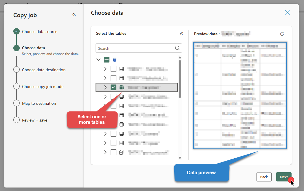 Selecting tables to copy in Microsoft Fabric Copy Job