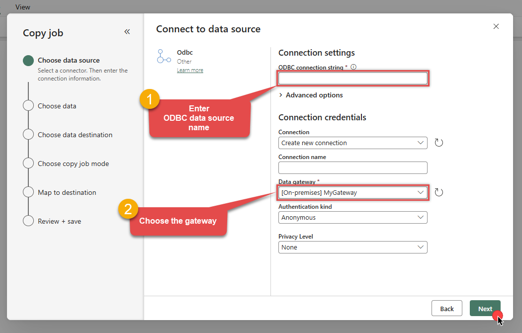 Configure ODBC connection string in Microsoft Fabric Copy job