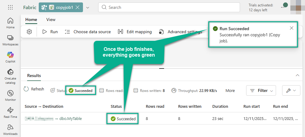Verify Microsoft Fabric Copy job success status