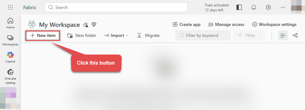 Create new item in Microsoft Fabric workspace