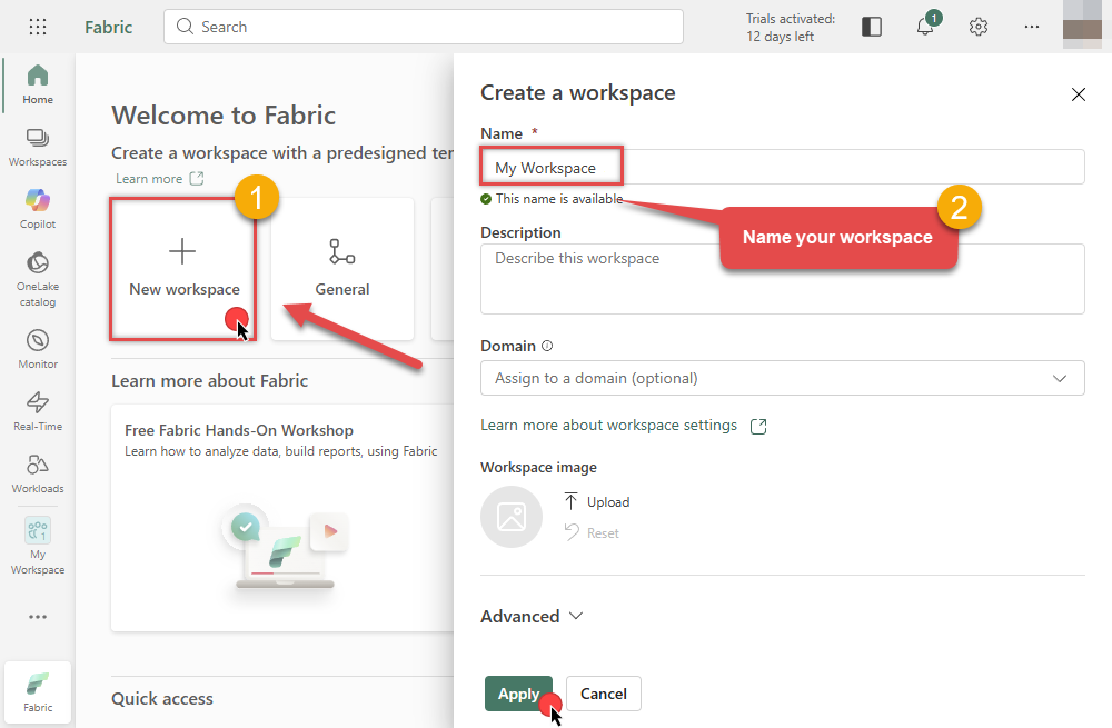 Create a new workspace in Microsoft Fabric for a Copy job