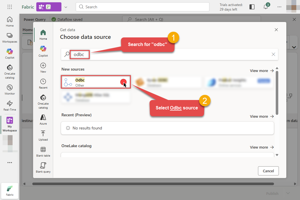 Choose ODBC data source in Dataflow