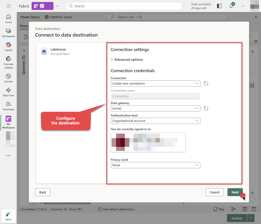 Configure destination in Dataflow