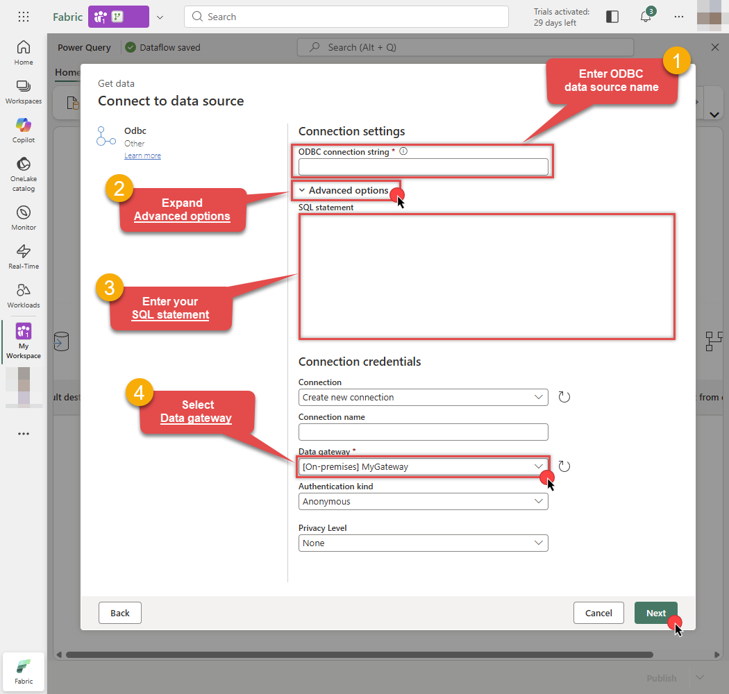Configure ODBC data source in Dataflow