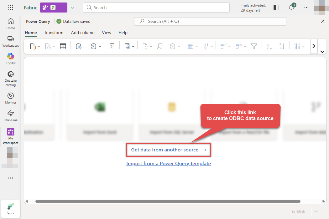 Get data from ODBC source in Dataflow