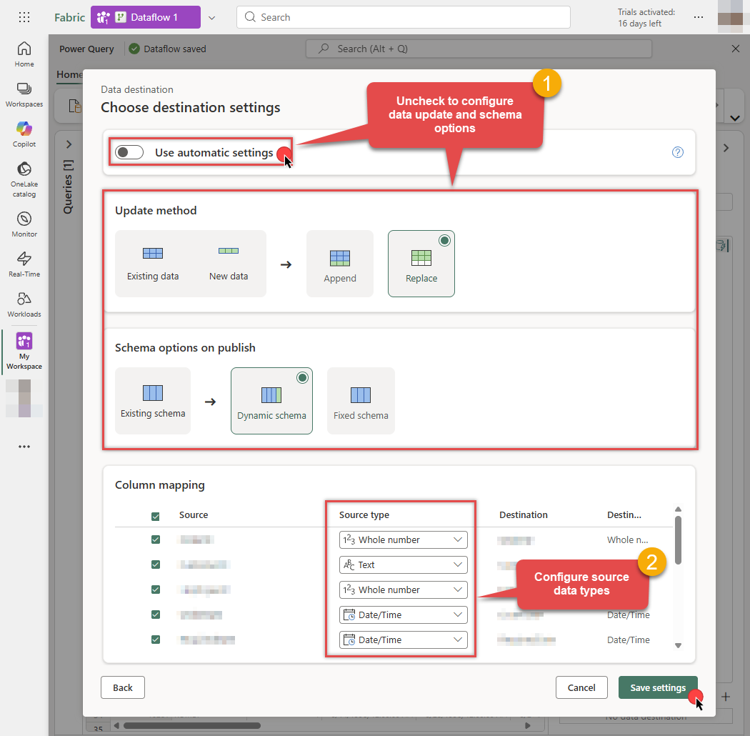 Set column mappings in destination in Dataflow