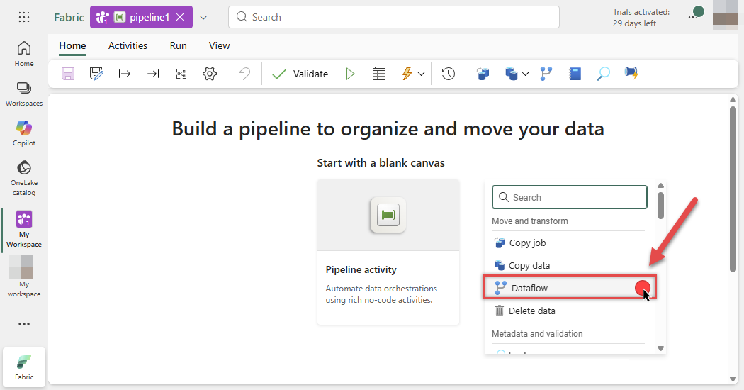 Add Dataflow activity to pipeline