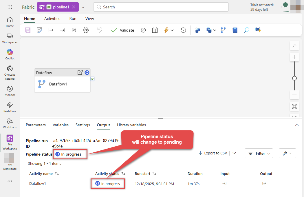 Pipeline run in progress status