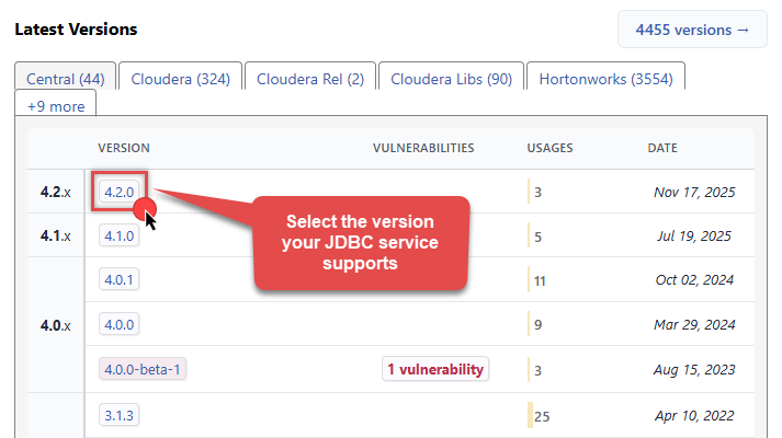 Select JDBC driver version in MVN Repository