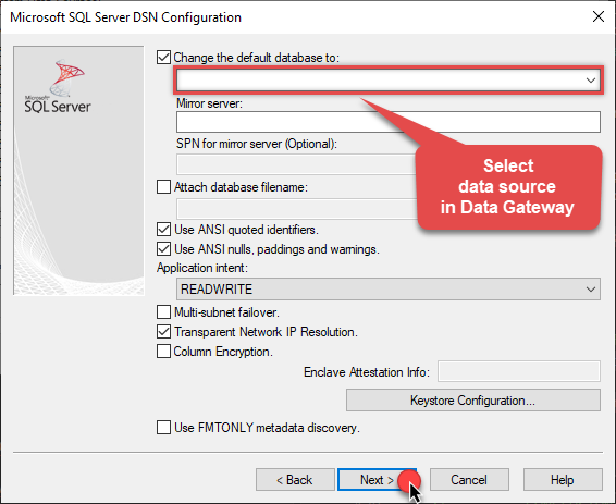 ODBC driver for SQL Server - Selecting database
