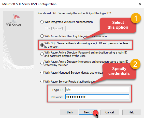 ODBC driver for SQL Server - Selecting SQL Authentication