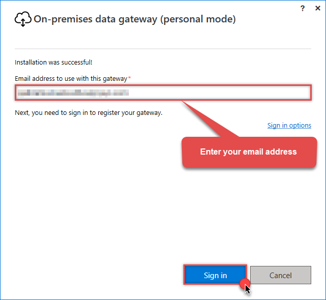 Sign-in to On-premises data gateway personal