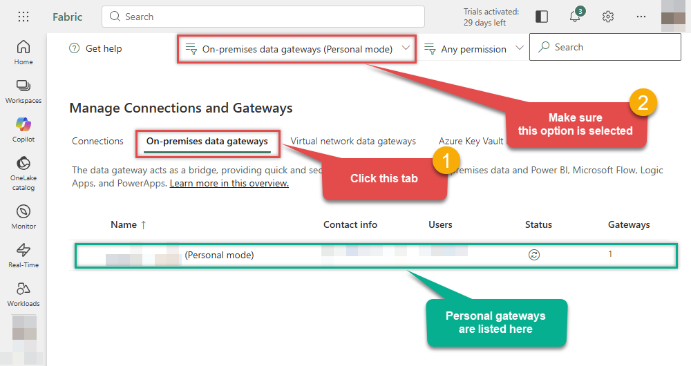 Access On-premises data gateway list (Personal mode) in Power BI