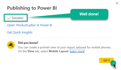 Successful Power BI report publishing